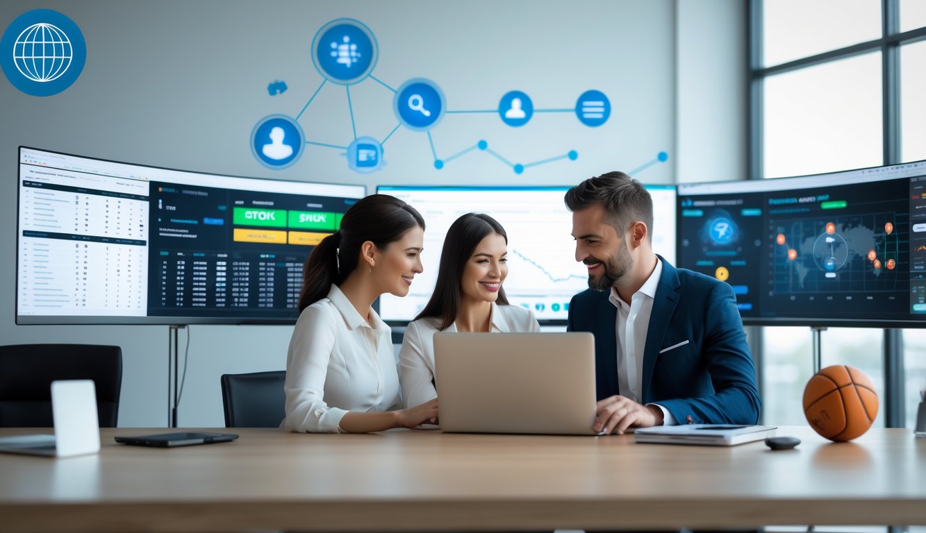 Dua orang profesional sedang bekerja bersama di depan laptop dengan layar menampilkan data taruhan olahraga online di sebuah kantor modern.