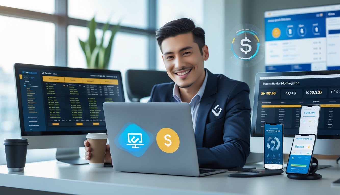 Seorang agen taruhan online sedang bekerja di meja kantor dengan beberapa layar komputer dan ponsel yang menunjukkan transaksi penarikan cepat tanpa potongan.