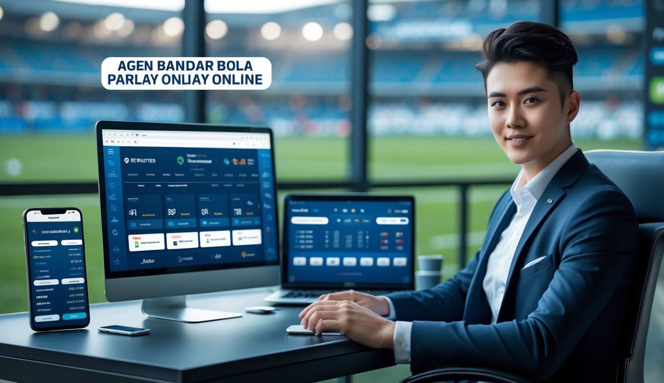 Seorang pria muda duduk di depan laptop dan ponsel dengan tampilan taruhan olahraga, di latar belakang terdapat gambar stadion sepak bola yang samar.