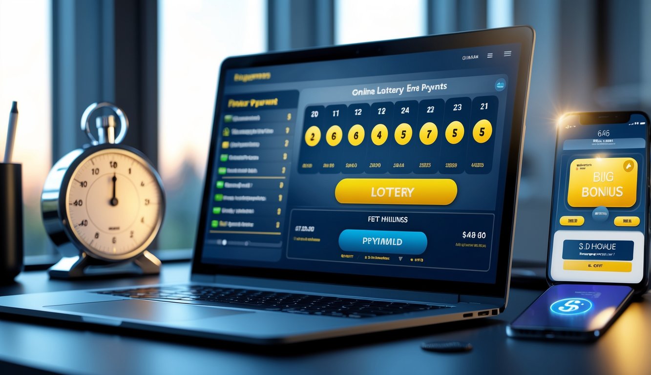 Seorang pria menggunakan laptop dan smartphone di meja kerja dengan tampilan antarmuka permainan lotere online dan ikon pembayaran digital di latar belakang.