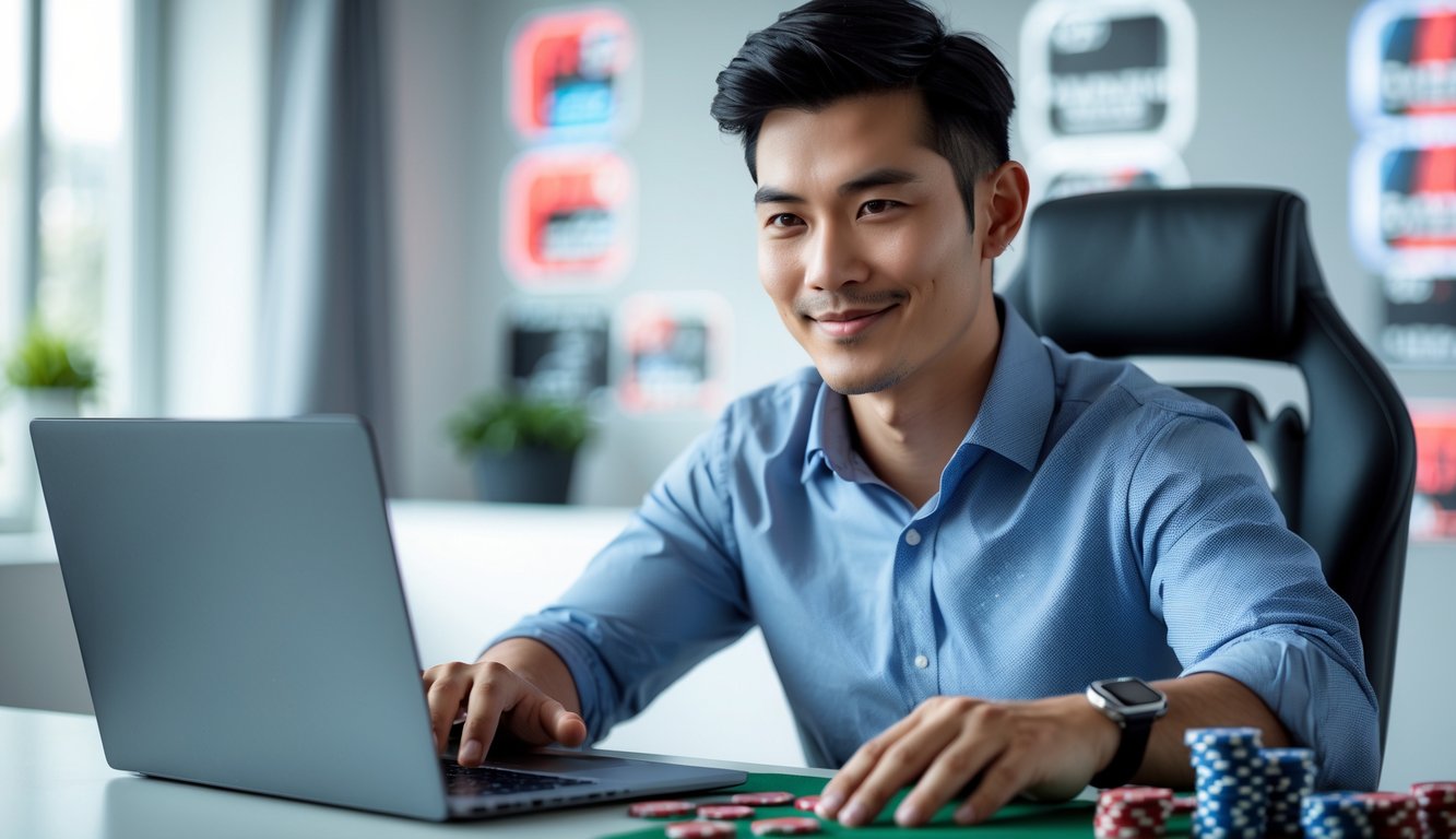 Seorang pria muda sedang duduk di depan laptop di ruang kerja modern, terlihat fokus dan percaya diri saat menggunakan layanan online.