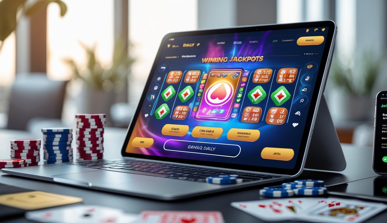 Seorang pria menggunakan laptop di meja dengan kartu remi dan chip poker di sekitarnya, menunjukkan suasana permainan online dan jackpot.