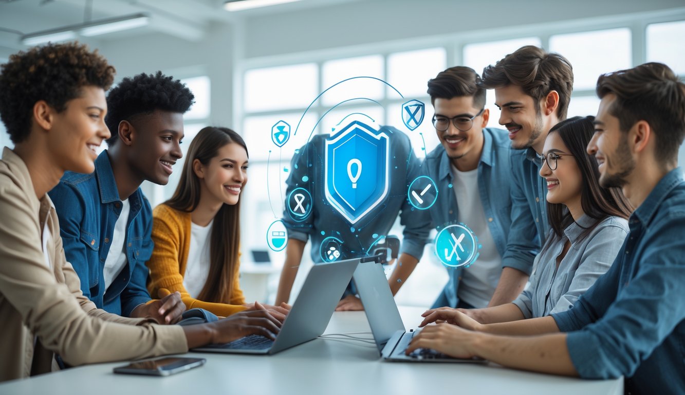 Sekelompok orang muda sedang bekerja bersama di depan laptop di kantor modern yang terang, menunjukkan suasana aman dan terpercaya.