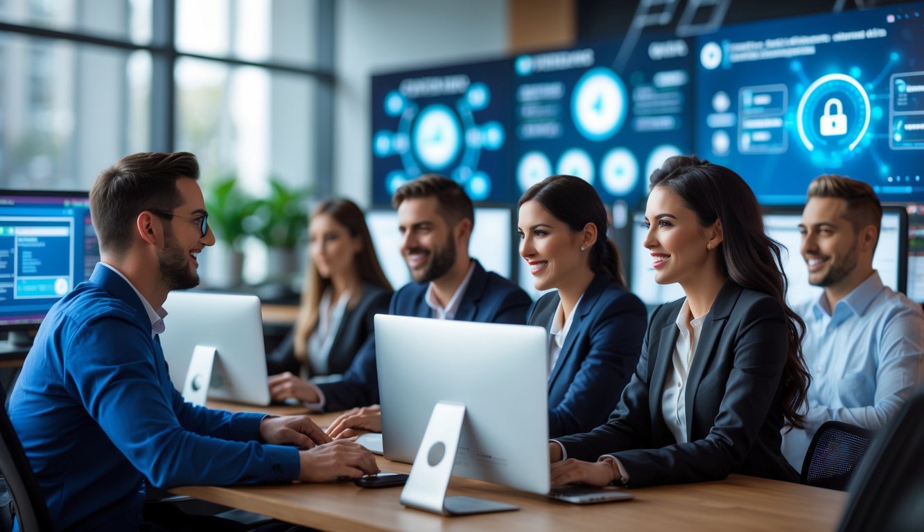 Sekelompok agen online sedang bekerja bersama di kantor modern dengan komputer dan layar yang menunjukkan sistem keamanan dan keadilan.