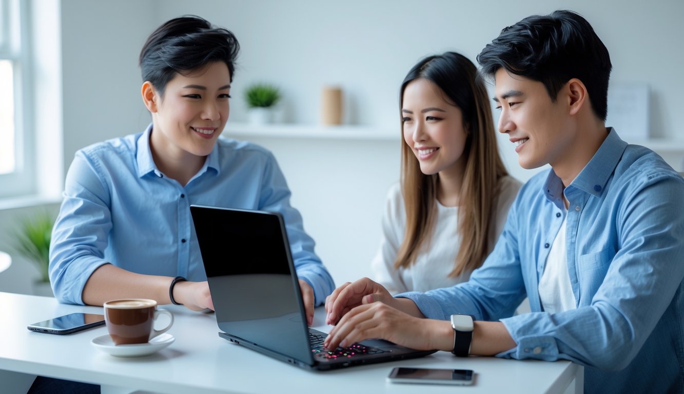 Dua orang muda sedang bermain permainan kartu online bersama di depan laptop di sebuah ruangan yang terang dan rapi.