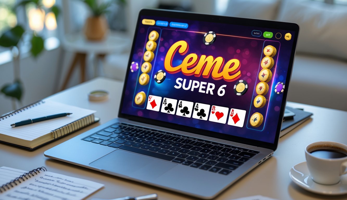 Seseorang bermain permainan Ceme Super 6 online di komputer dengan catatan dan kopi di meja yang rapi.