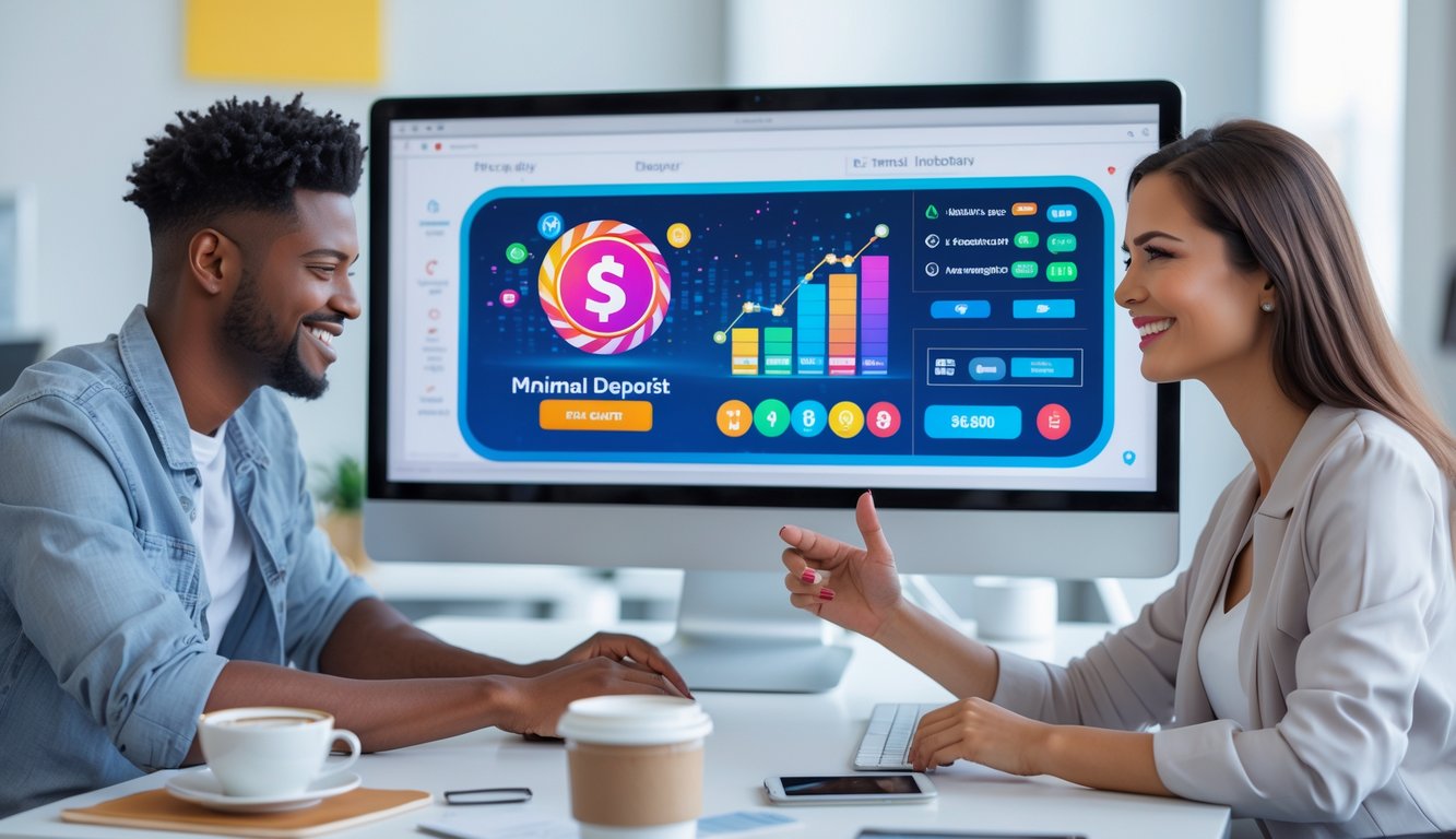 Dua orang muda sedang menggunakan komputer dengan tampilan platform permainan online di kantor yang terang dan rapi.