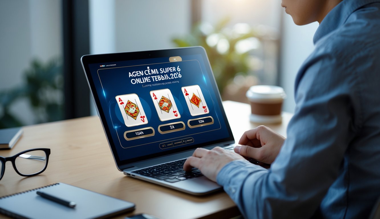 Seseorang menggunakan laptop atau ponsel untuk bermain permainan kartu online di lingkungan rumah atau kantor yang nyaman.