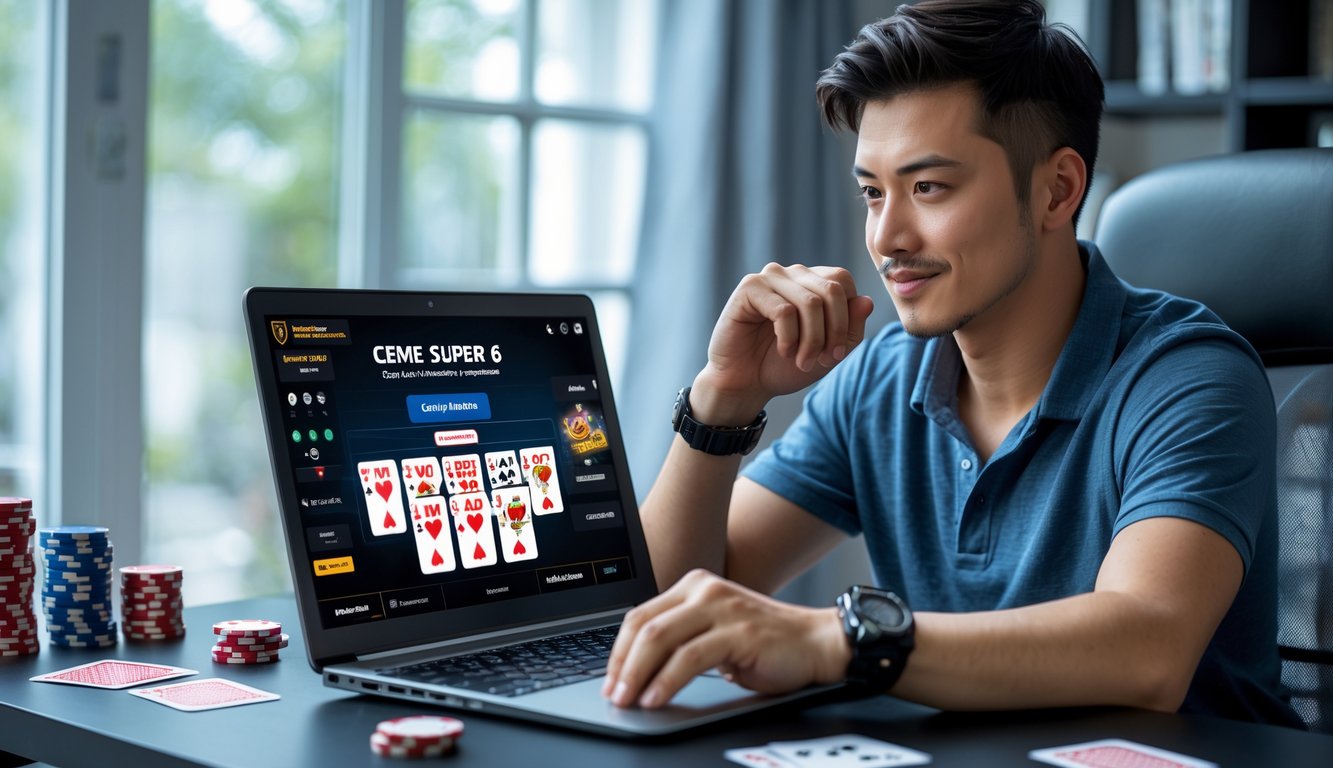 Seorang pria muda duduk di meja dengan laptop, fokus bermain permainan kartu online di ruangan rumah yang rapi.