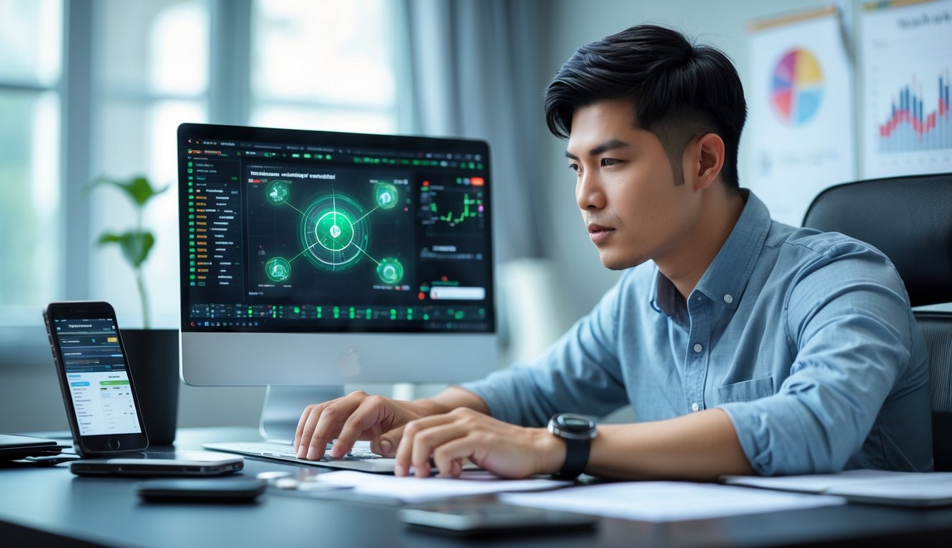 Seorang pria muda sedang duduk di meja dengan laptop, fokus menganalisis permainan online di layar.