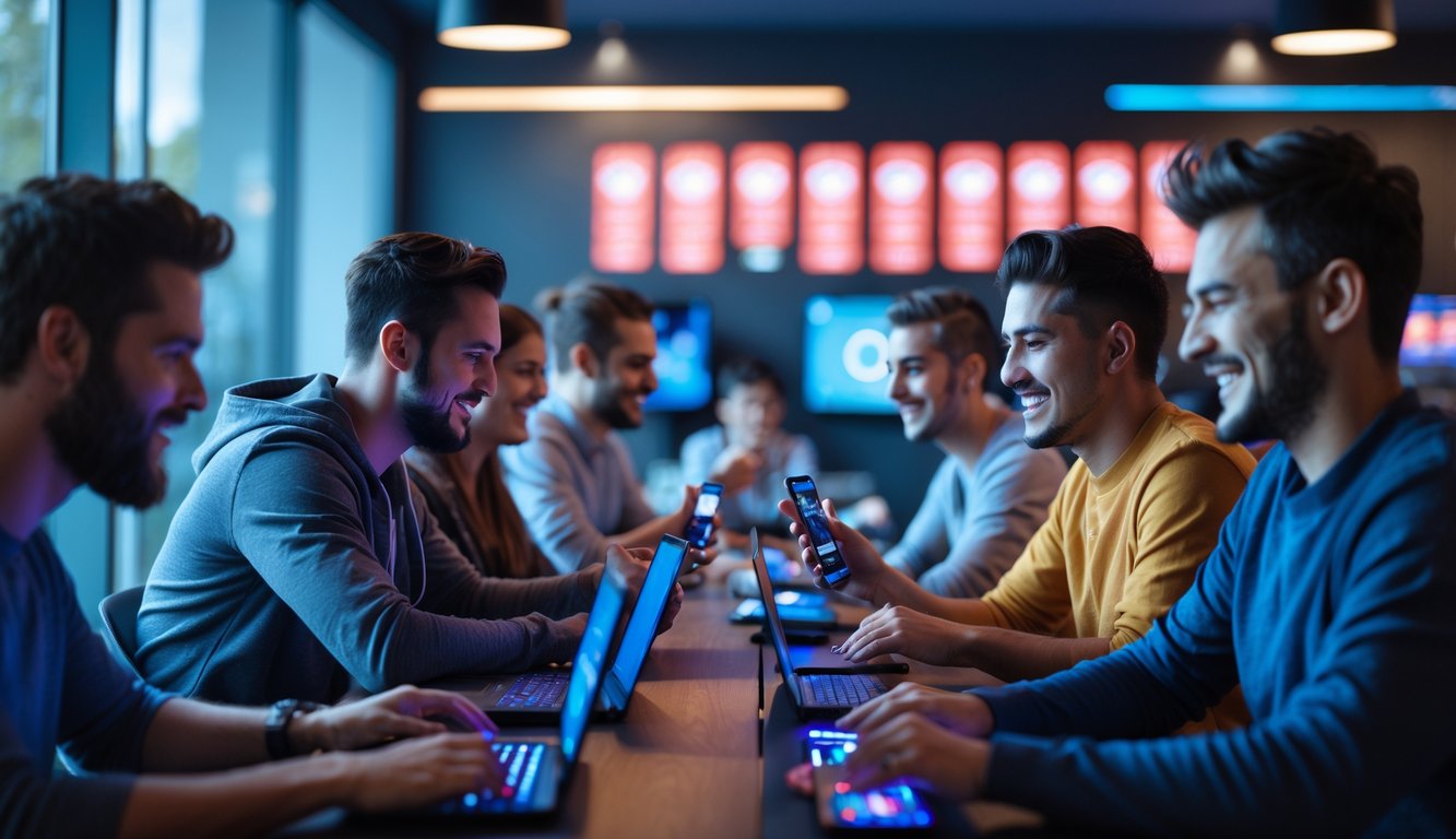 Sekelompok orang bermain permainan kartu secara online menggunakan laptop dan ponsel di ruangan modern dengan ekspresi antusias.