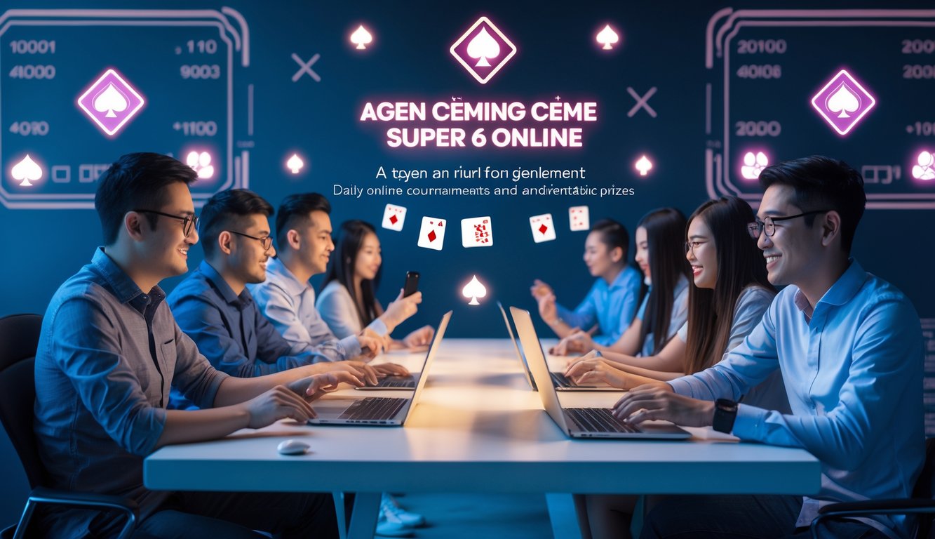 Sekelompok orang bermain permainan kartu online di meja dengan laptop dan ponsel, suasana penuh konsentrasi dan antusiasme dalam ruang modern.