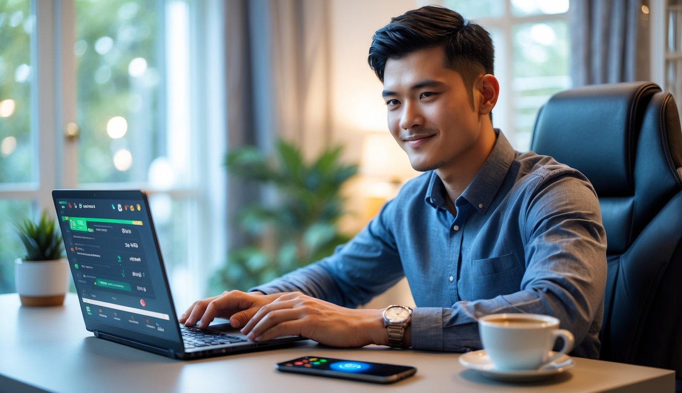 Seorang pria muda duduk di meja dengan laptop dan ponsel di ruang kerja rumah yang terang dan rapi.