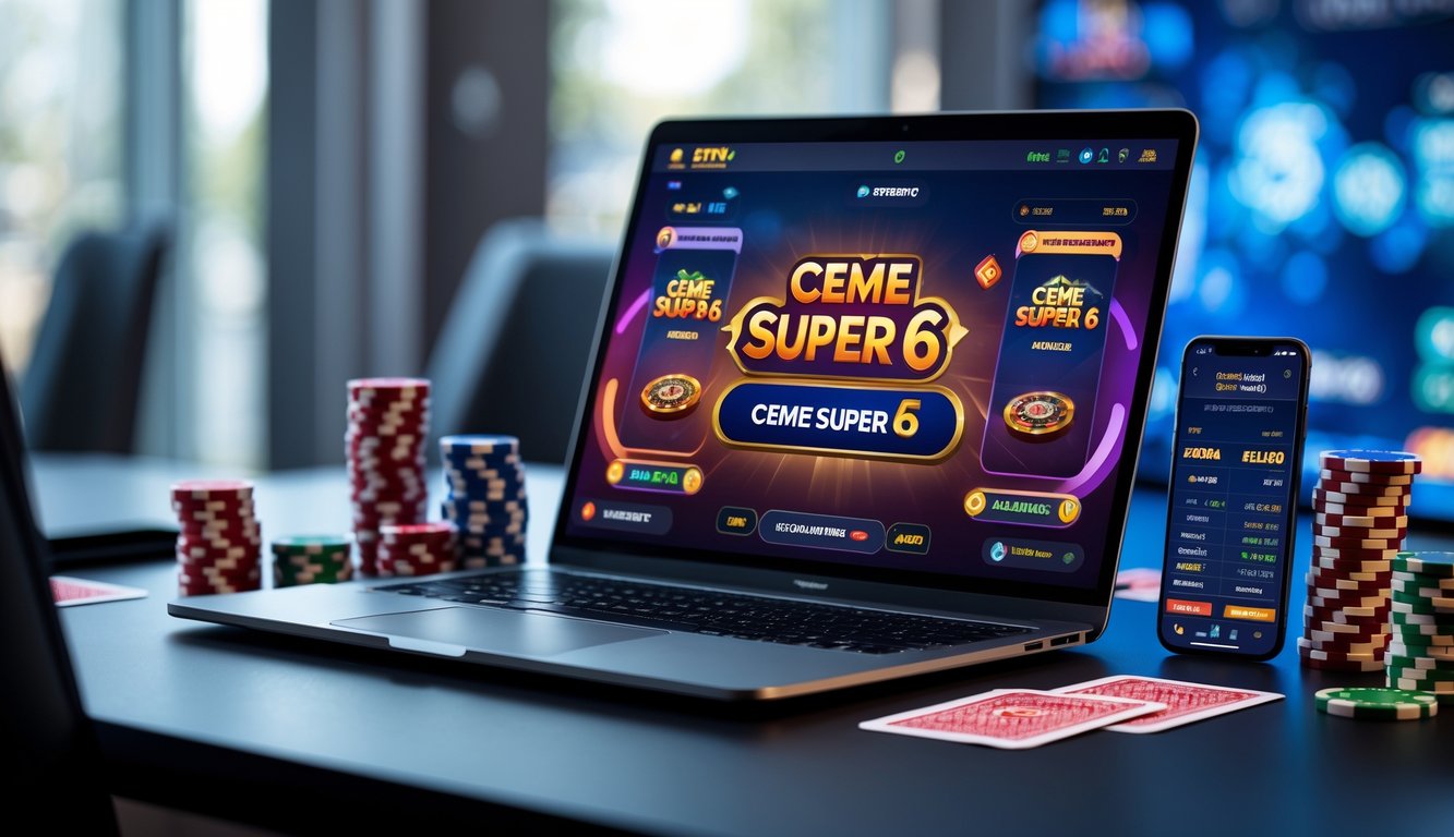 Seorang pemain sedang menggunakan laptop dan smartphone untuk bermain permainan kartu online dengan chip poker di meja.