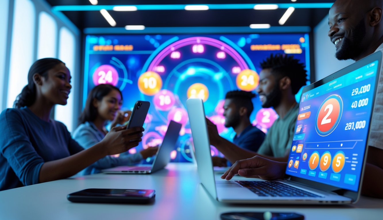 Orang-orang menggunakan perangkat digital untuk layanan lotere online dengan suasana modern dan cerah.