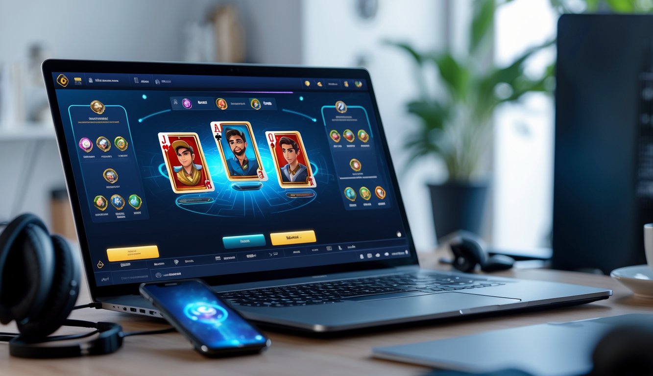 Seorang pemain sedang menggunakan laptop untuk bermain permainan kartu online dengan suasana ruang kerja yang rapi dan peralatan teknologi di sekitarnya.