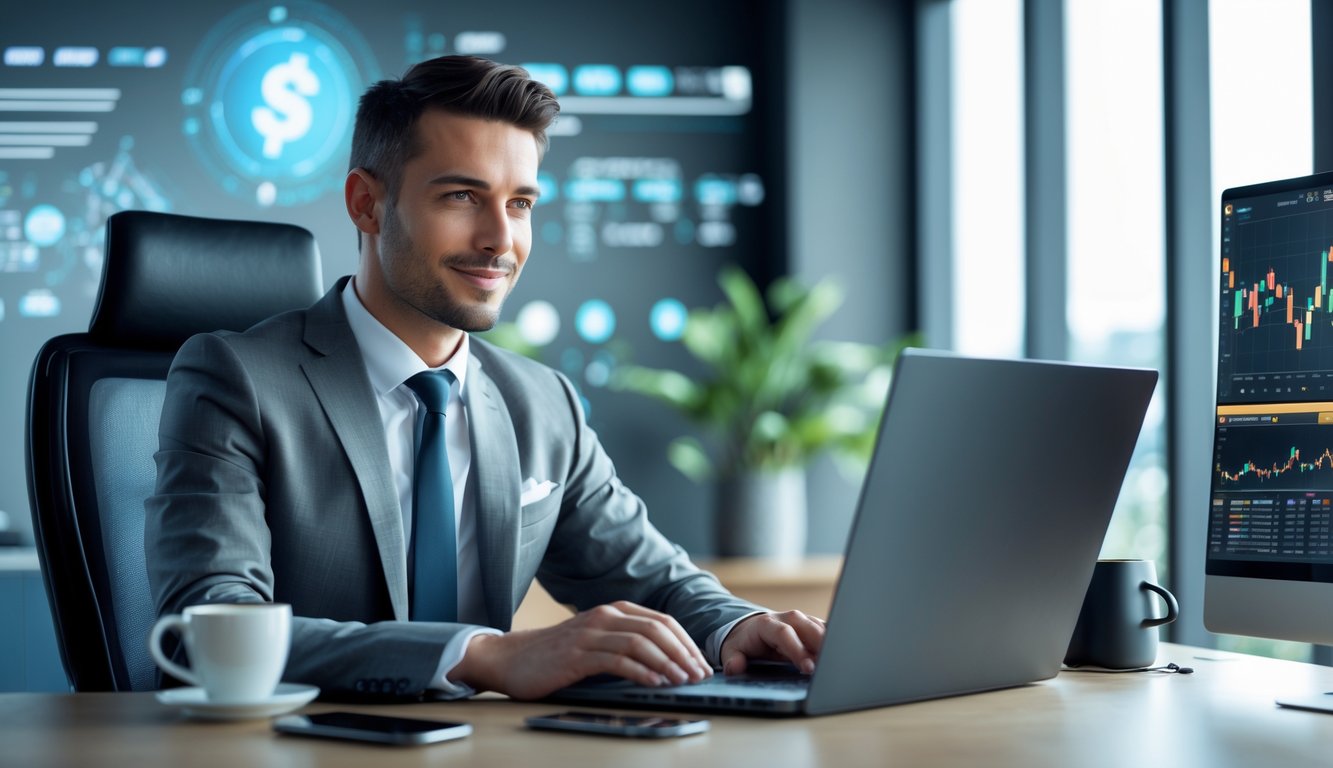 Seorang pria profesional duduk di meja kantor modern menggunakan laptop dengan latar belakang grafik digital yang menunjukkan transaksi online dan taruhan olahraga.