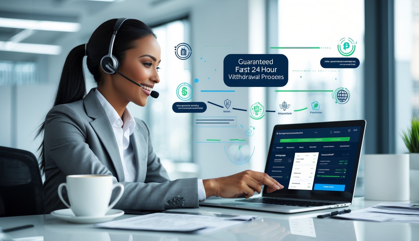 Seorang perwakilan layanan pelanggan yang percaya diri membantu klien melalui laptop di kantor modern dengan simbol taruhan olahraga online dan transaksi cepat di latar belakang.