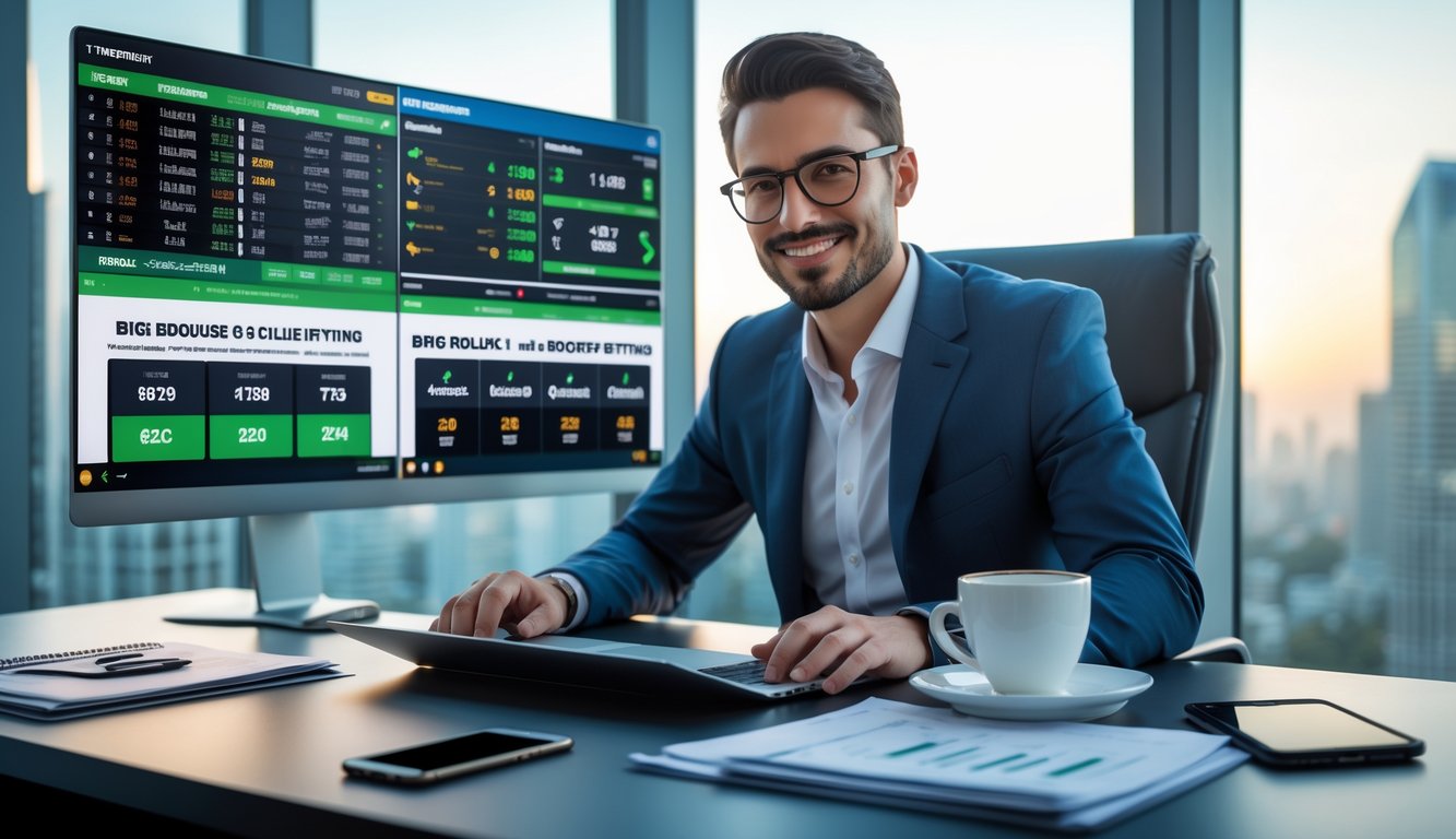 Seorang pria profesional duduk di meja kantor modern menggunakan laptop dengan layar yang menampilkan data taruhan olahraga, di latar belakang pemandangan kota pada siang hari.