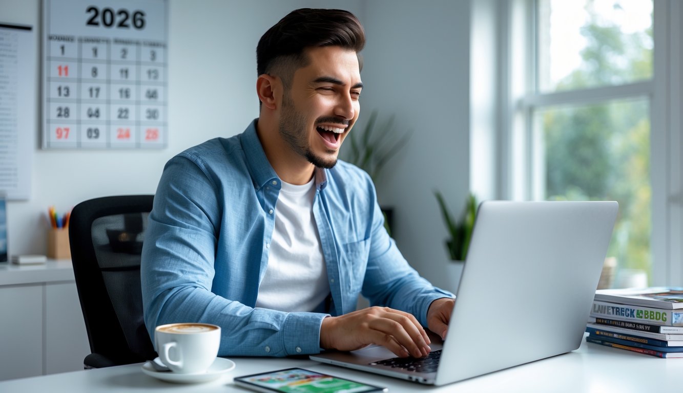 Seorang pria muda duduk di meja dengan laptop, fokus menggunakan situs taruhan bola online di ruang kerja rumah yang terang.