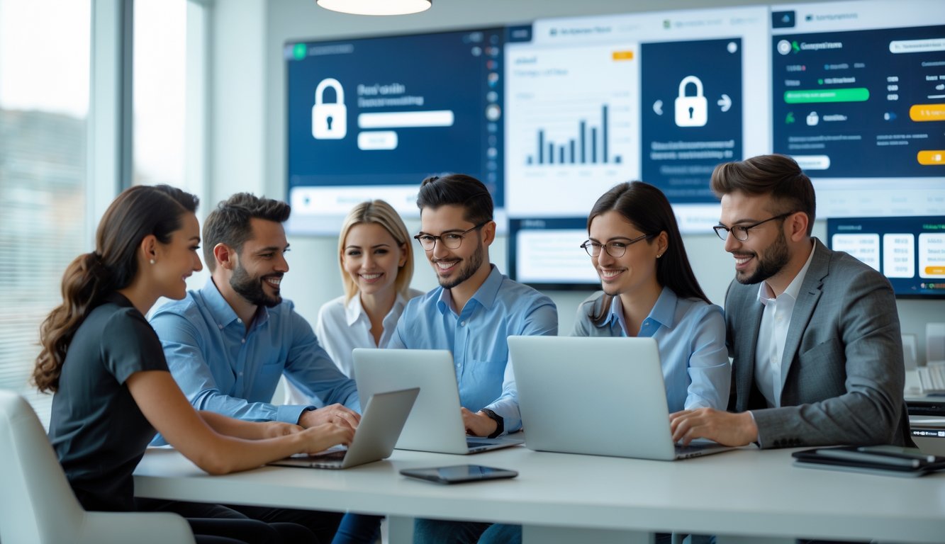 Sekelompok orang bekerja bersama di kantor modern dengan komputer dan perangkat digital, menunjukkan suasana aman dan terpercaya dalam transaksi online.