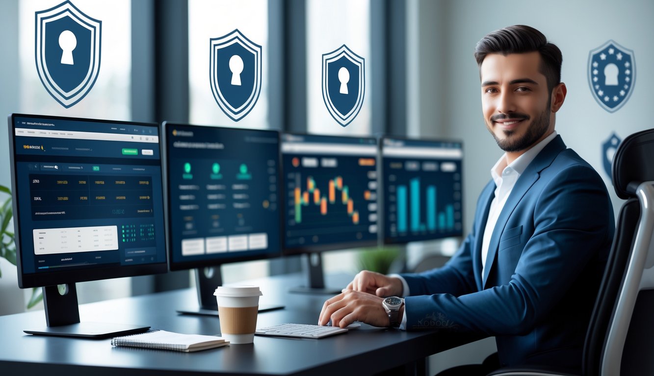 Seorang agen bandar bola online yang percaya diri duduk di meja kerja dengan beberapa layar komputer yang menampilkan antarmuka taruhan dan ikon keamanan digital di latar belakang.