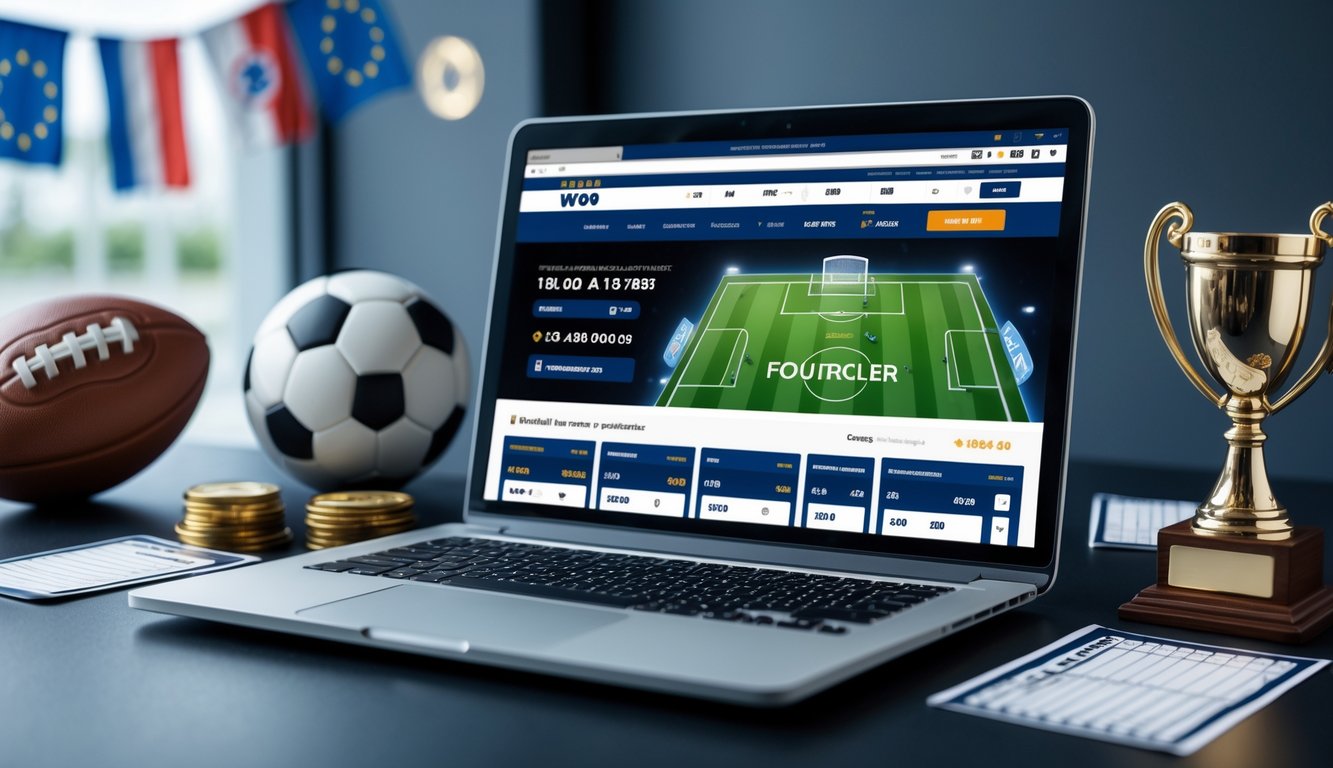 Seorang pria menggunakan laptop di meja kerja dengan bola sepak dan piala kecil di sampingnya, menunjukkan suasana taruhan sepak bola online.