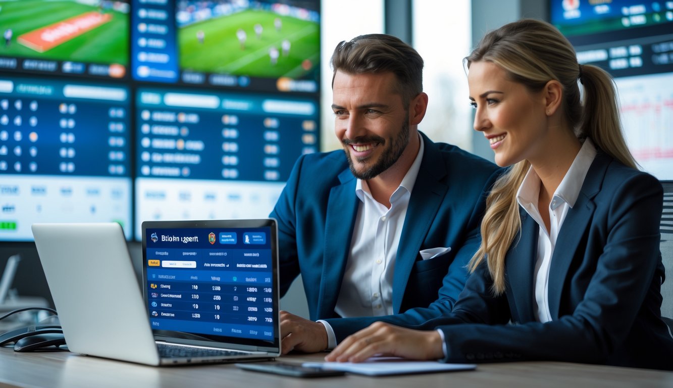 Dua agen taruhan olahraga sedang berdiskusi di kantor modern dengan layar menampilkan pertandingan sepak bola dan data taruhan.
