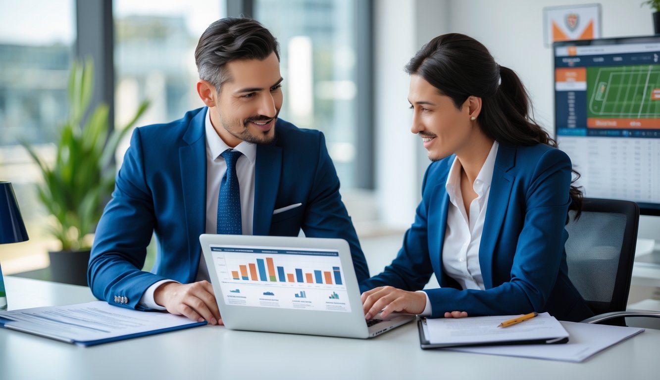 Seorang pria dan wanita berdiskusi di kantor modern sambil melihat dokumen dan laptop dengan grafik, menunjukkan suasana kerja yang aman dan transparan.