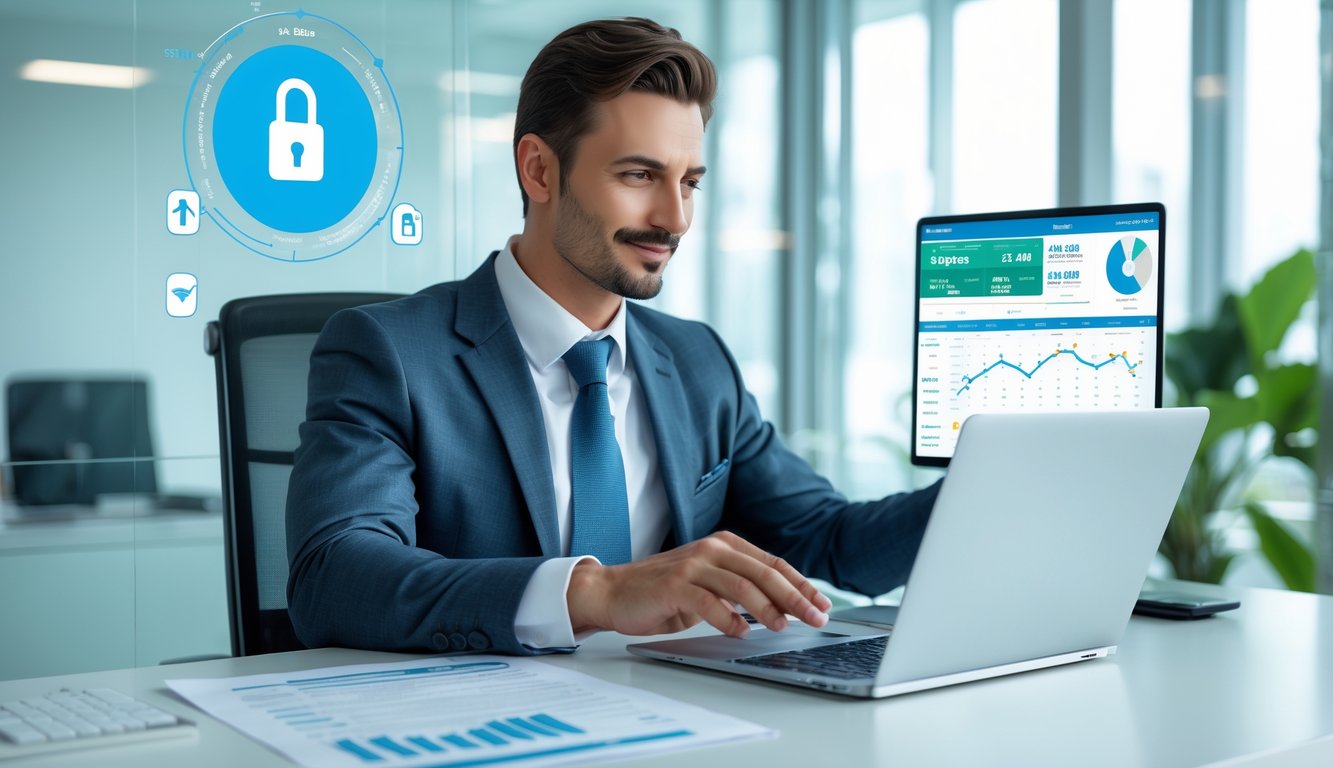 Seorang pria berpakaian rapi duduk di meja kantor modern sambil menggunakan laptop dan meninjau dokumen terkait taruhan bola online yang aman dan transparan.