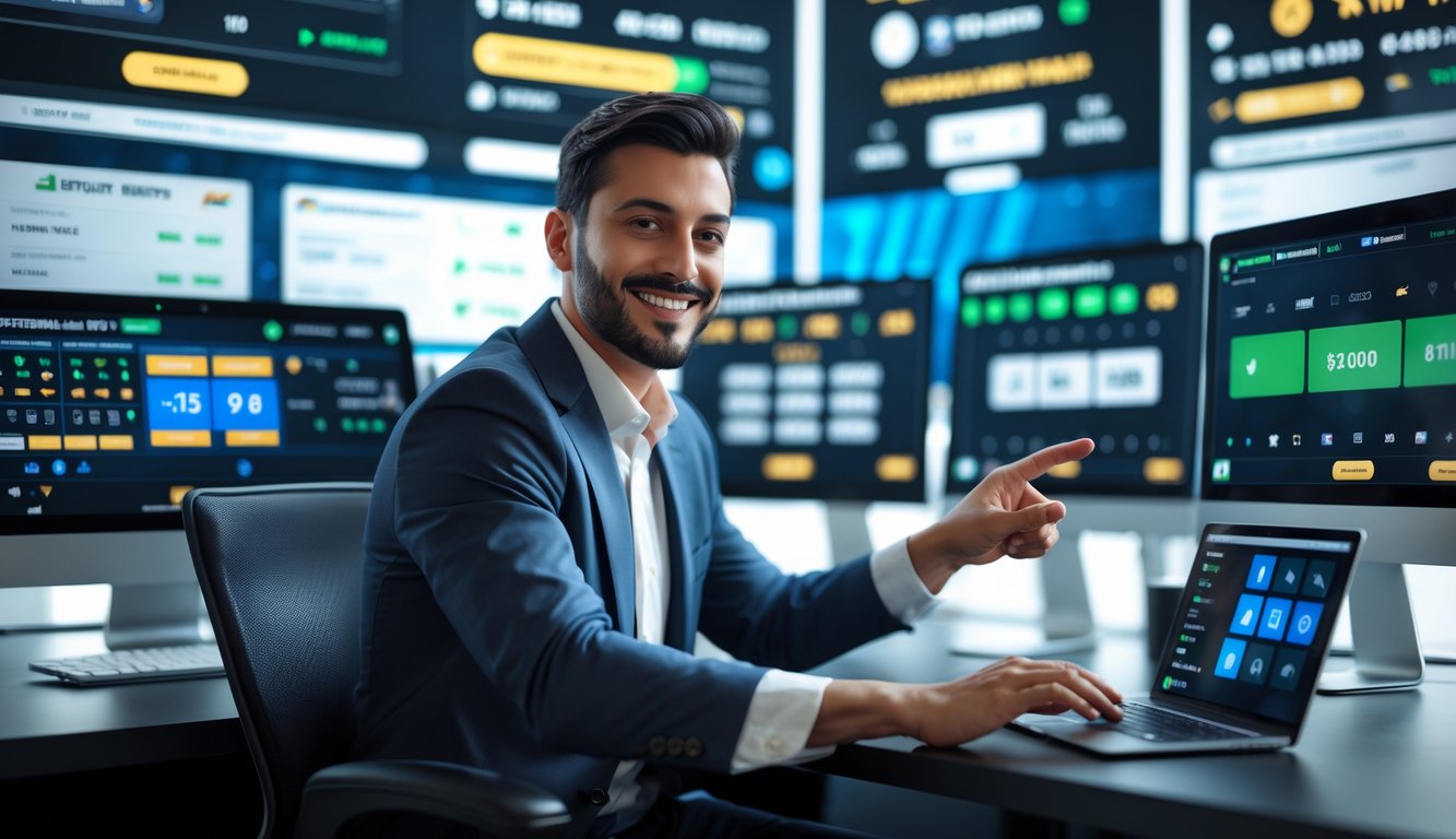 Seorang agen taruhan olahraga online sedang berbicara dengan pelanggan melalui panggilan video di meja kerja dengan beberapa layar komputer yang menampilkan pertandingan olahraga.