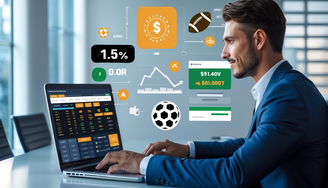 Seorang pria percaya diri duduk di depan laptop di kantor modern dengan simbol taruhan olahraga dan jackpot digital di latar belakang.