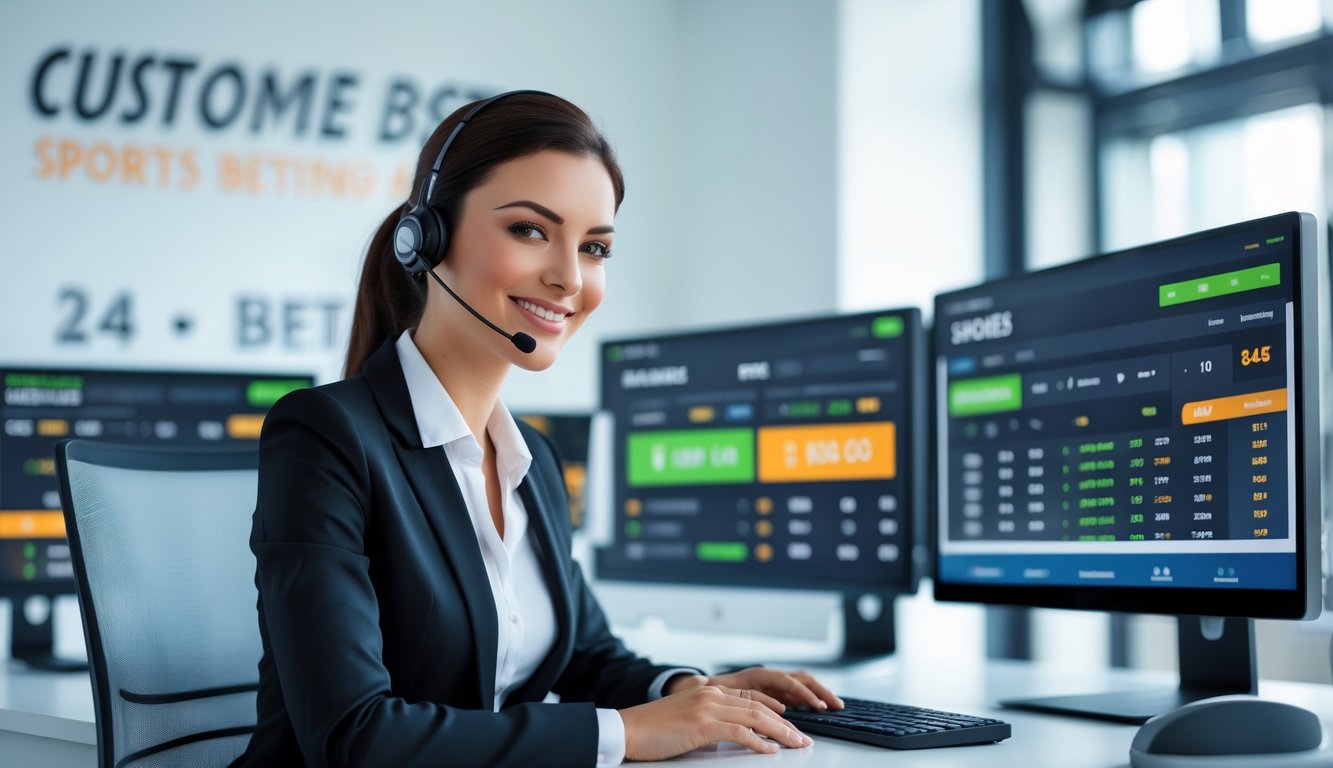 Seorang staf layanan pelanggan yang ramah sedang bekerja di depan komputer dengan layar menampilkan informasi taruhan olahraga online.