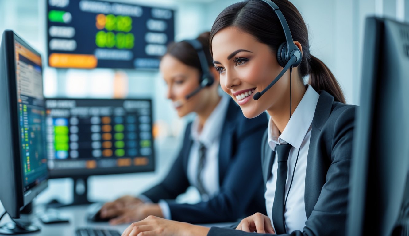 Seorang perwakilan layanan pelanggan yang ramah sedang bekerja di pusat panggilan modern dengan monitor di latar belakang.