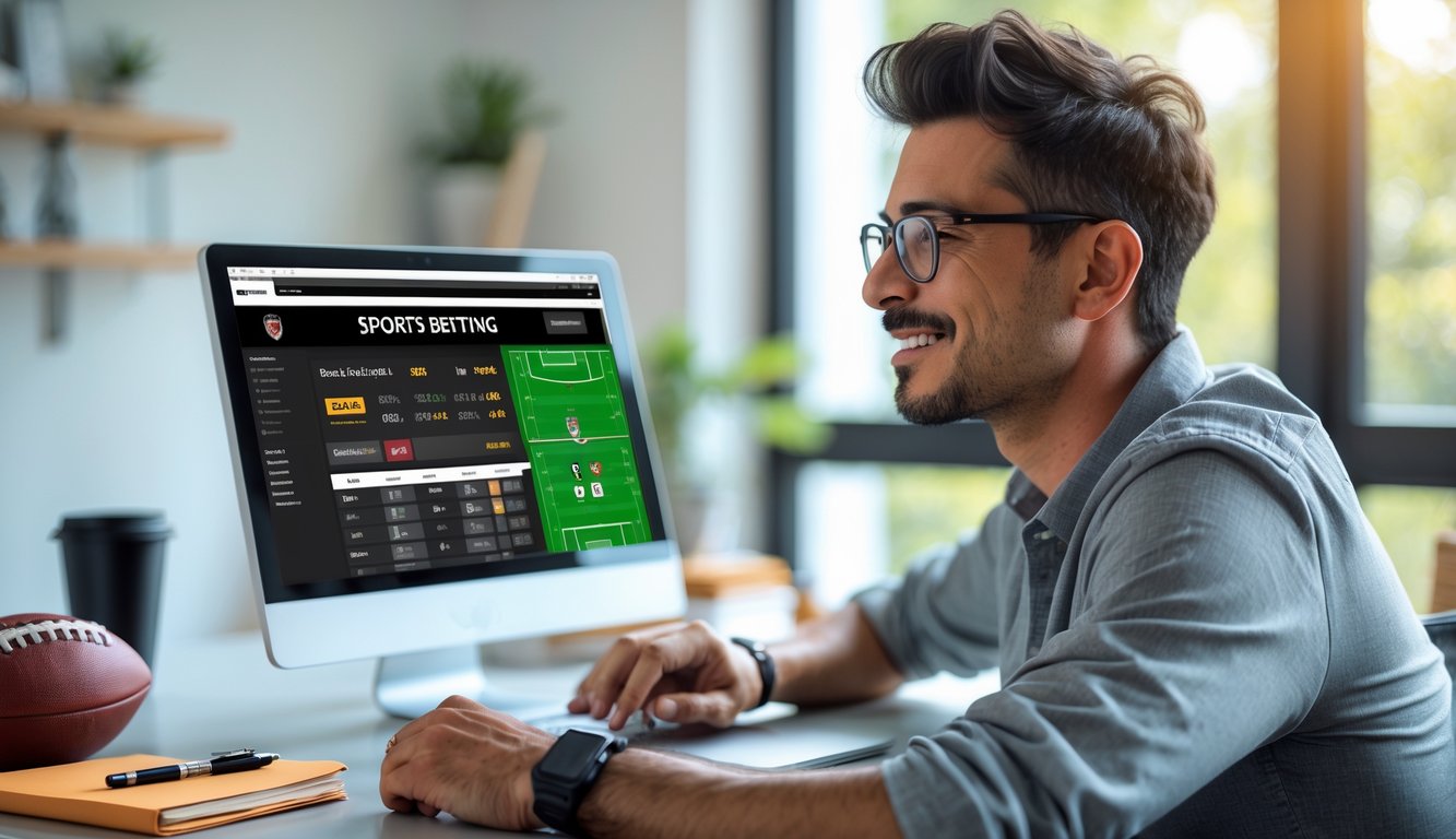 Seorang pria muda duduk di meja kerja dengan laptop, fokus pada layar yang menampilkan situs taruhan bola online, dikelilingi oleh bola sepak dan alat tulis.