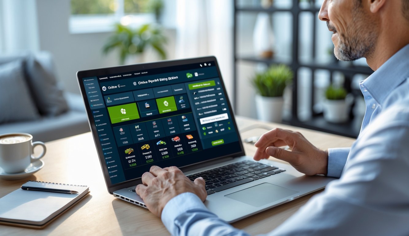 Seorang pria percaya diri menggunakan laptop di ruang kerja modern dengan tampilan antarmuka taruhan olahraga online di layar.