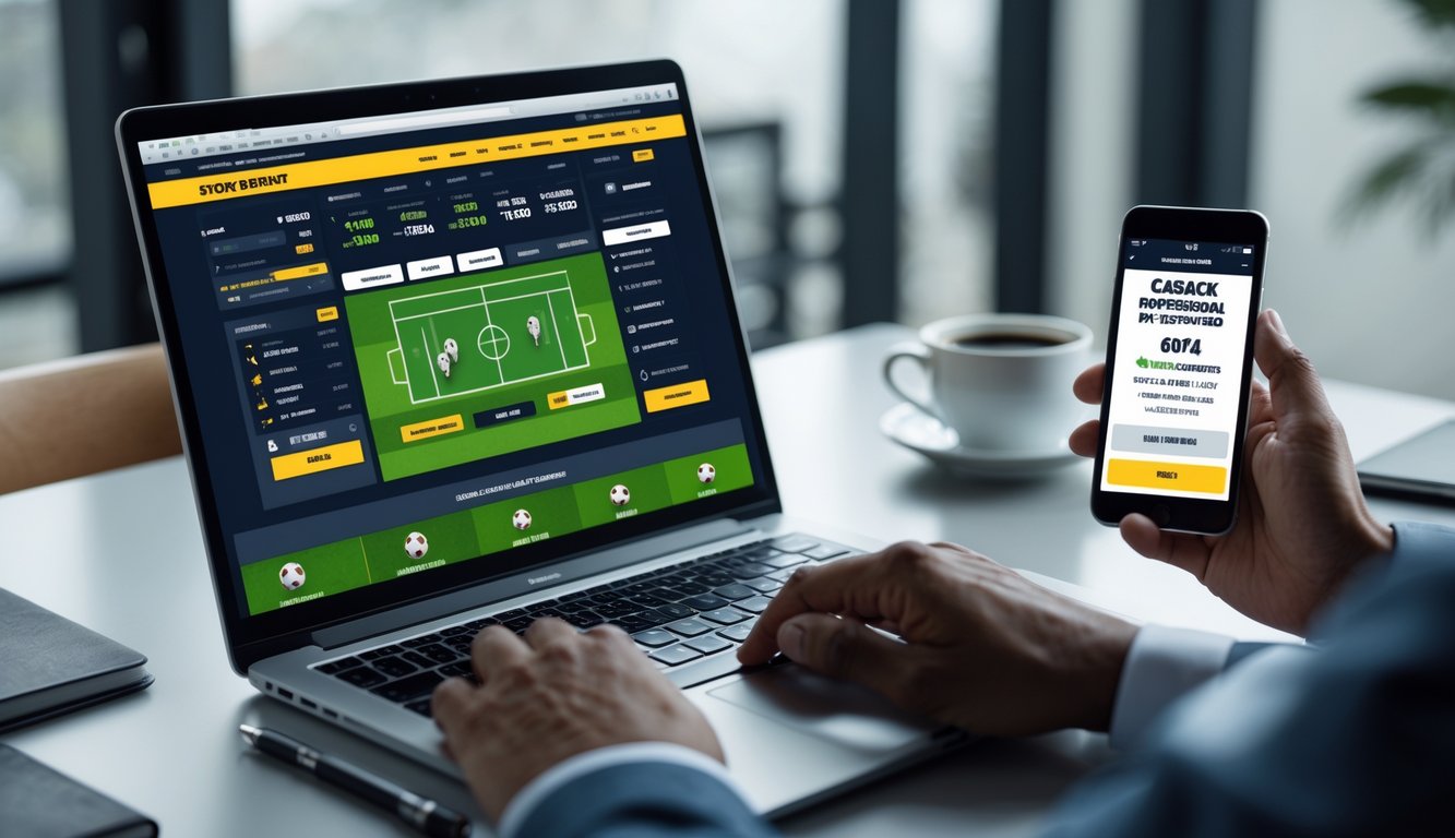 Seseorang menggunakan laptop dan ponsel di meja kerja dengan tampilan situs taruhan bola online dan suasana yang profesional.