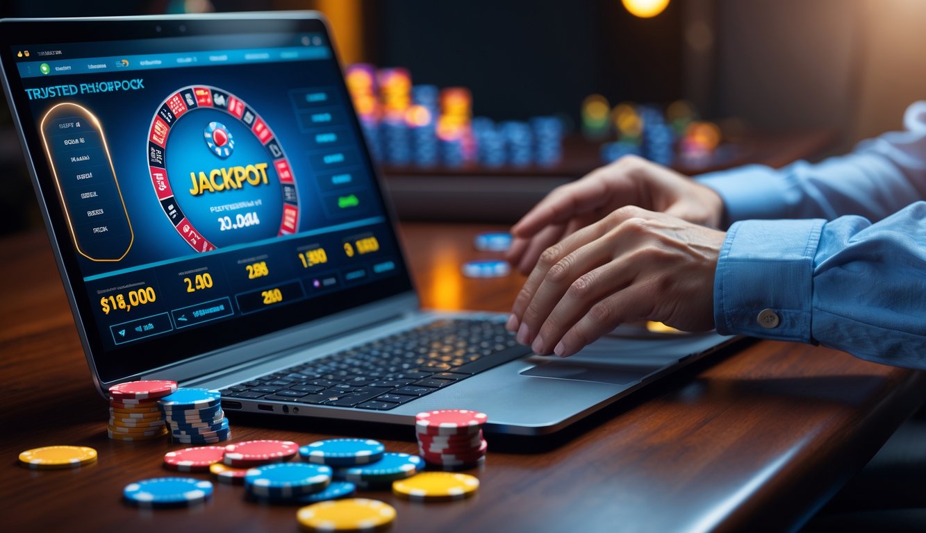 Seorang pemain sedang bermain poker online dengan laptop, chip poker, dan kartu di atas meja kayu.