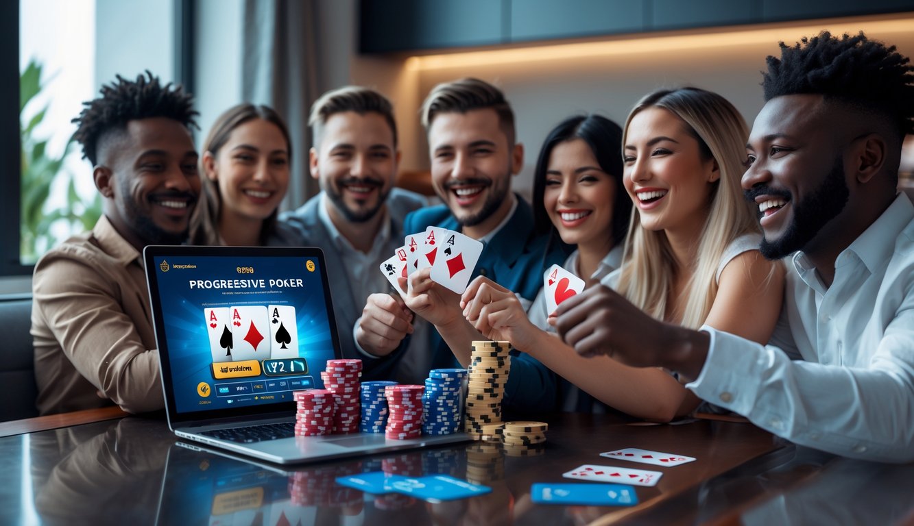 Sekelompok orang sedang merayakan kemenangan jackpot poker online di depan laptop dengan kartu dan chip poker di atas meja.