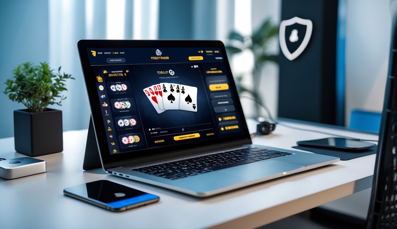 Sebuah meja kerja modern dengan laptop yang menampilkan permainan poker online, kartu dan chip poker terlihat di layar, serta ponsel dan kartu kredit di atas meja.