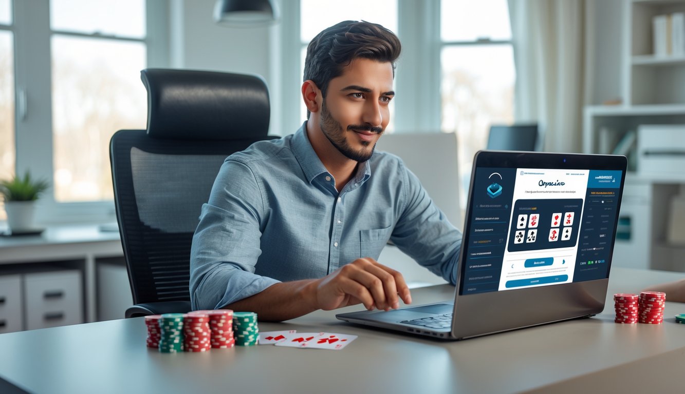 Seorang pria muda duduk di meja dengan laptop, di sekitarnya ada chip poker dan kartu remi, menunjukkan aktivitas bermain poker online.