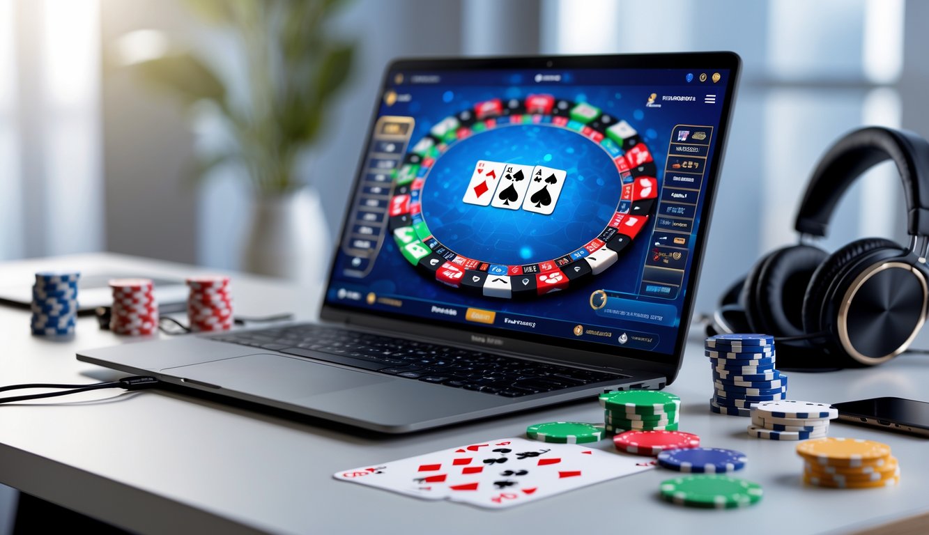 Meja dengan laptop yang menampilkan permainan poker online, chip poker dan kartu bermain tertata rapi di sekitar, suasana terang dan rapi.