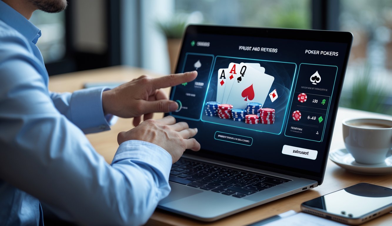 Seorang pria atau wanita menggunakan laptop di meja kerja dengan tampilan permainan poker online di layar, dikelilingi oleh beberapa alat tulis dan ponsel.