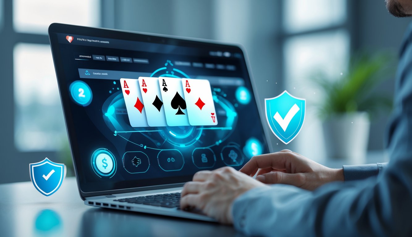 Seorang pemain menggunakan komputer dengan tampilan permainan poker online yang menampilkan kartu dan chip, di ruangan yang terang dan rapi.