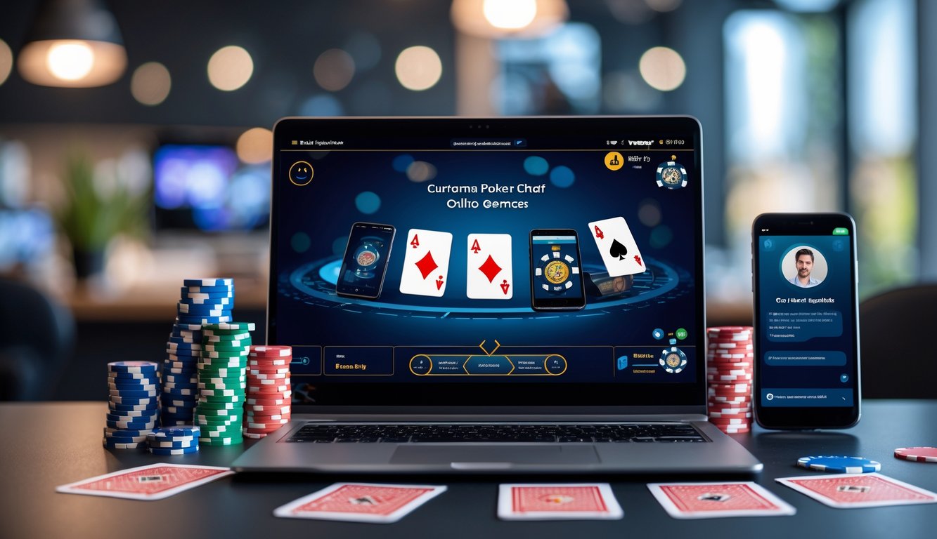 Seseorang menggunakan laptop dengan permainan poker online di layar, dikelilingi chip poker dan kartu, serta ponsel yang menampilkan layanan pelanggan.