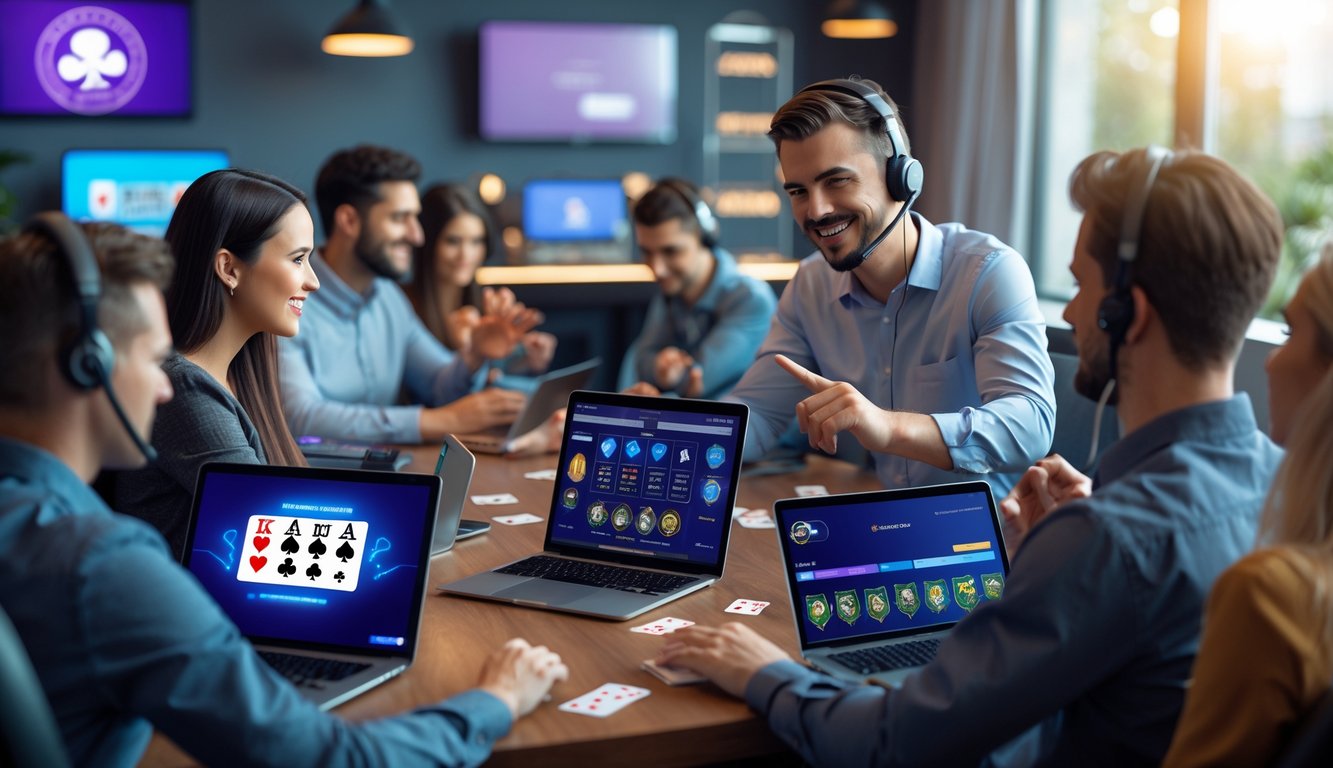 Orang-orang bermain poker online dengan perangkat digital dan seorang petugas layanan pelanggan membantu lewat panggilan video.