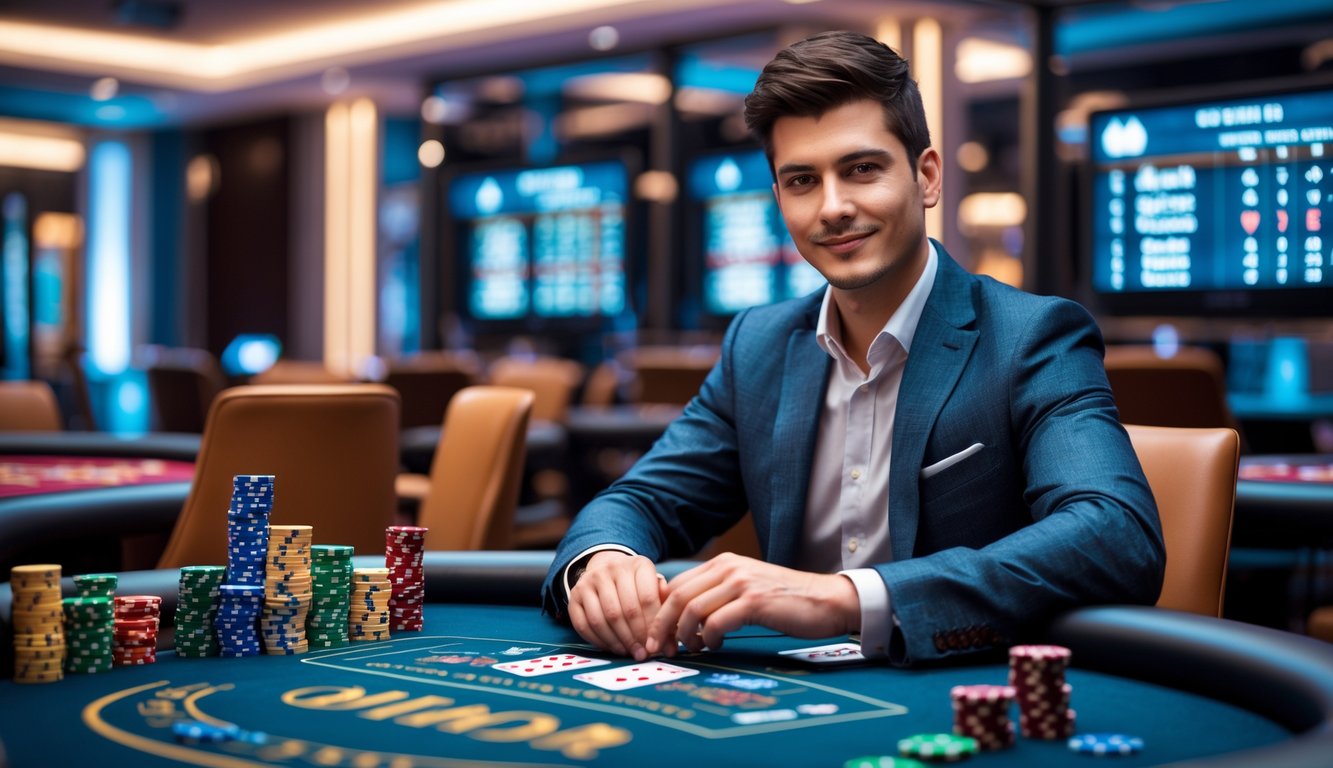 Seorang pria muda duduk di meja poker dengan kartu dan tumpukan chip, tampak fokus dan percaya diri di dalam kasino.