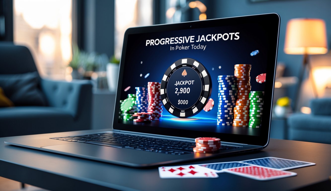 Seseorang bermain poker online di laptop dengan tumpukan chip dan kartu di layar, menunjukkan suasana permainan yang serius dan menarik.