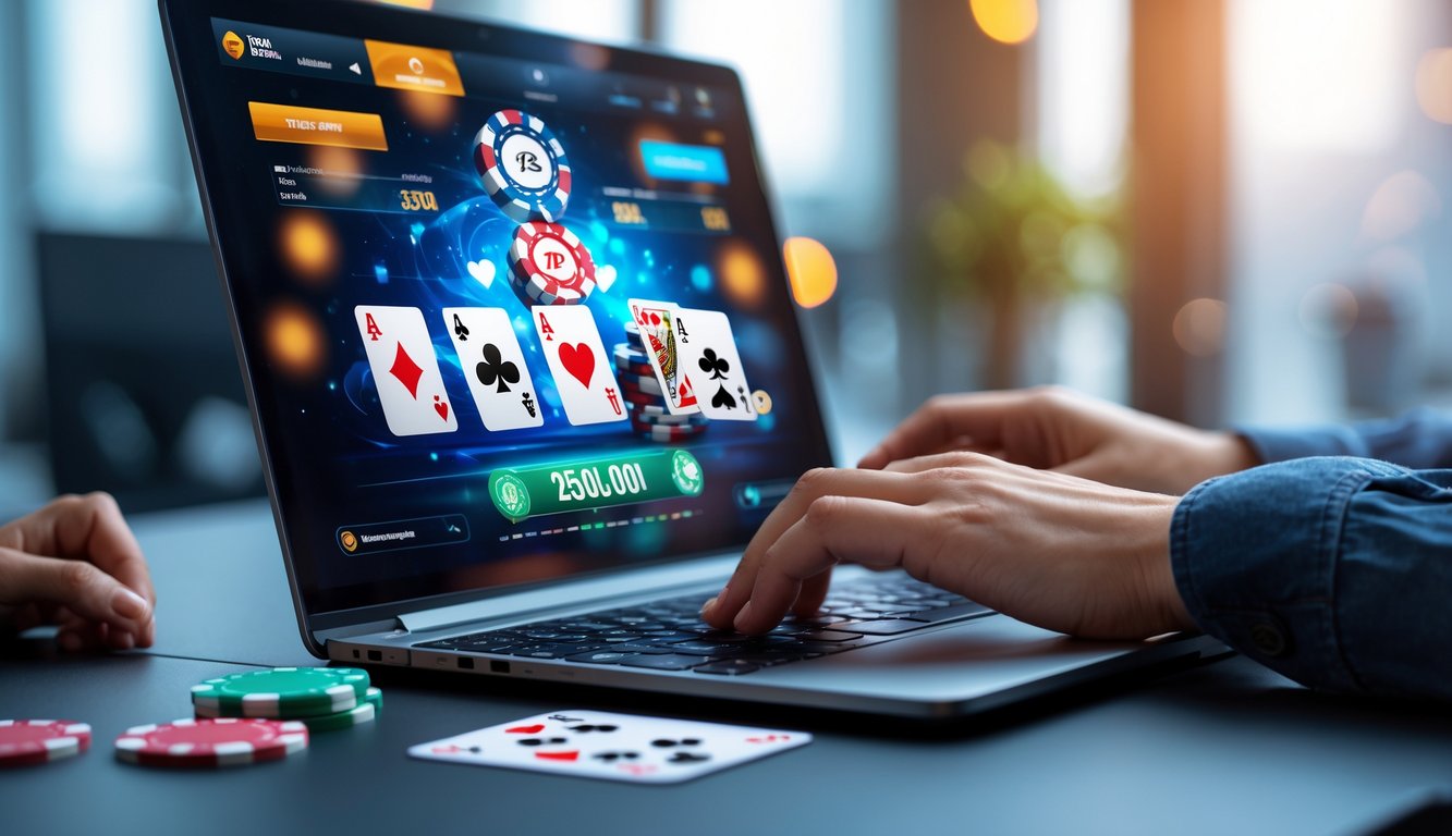 Seseorang bermain poker online di depan komputer dengan tampilan jackpot progresif besar di layar.