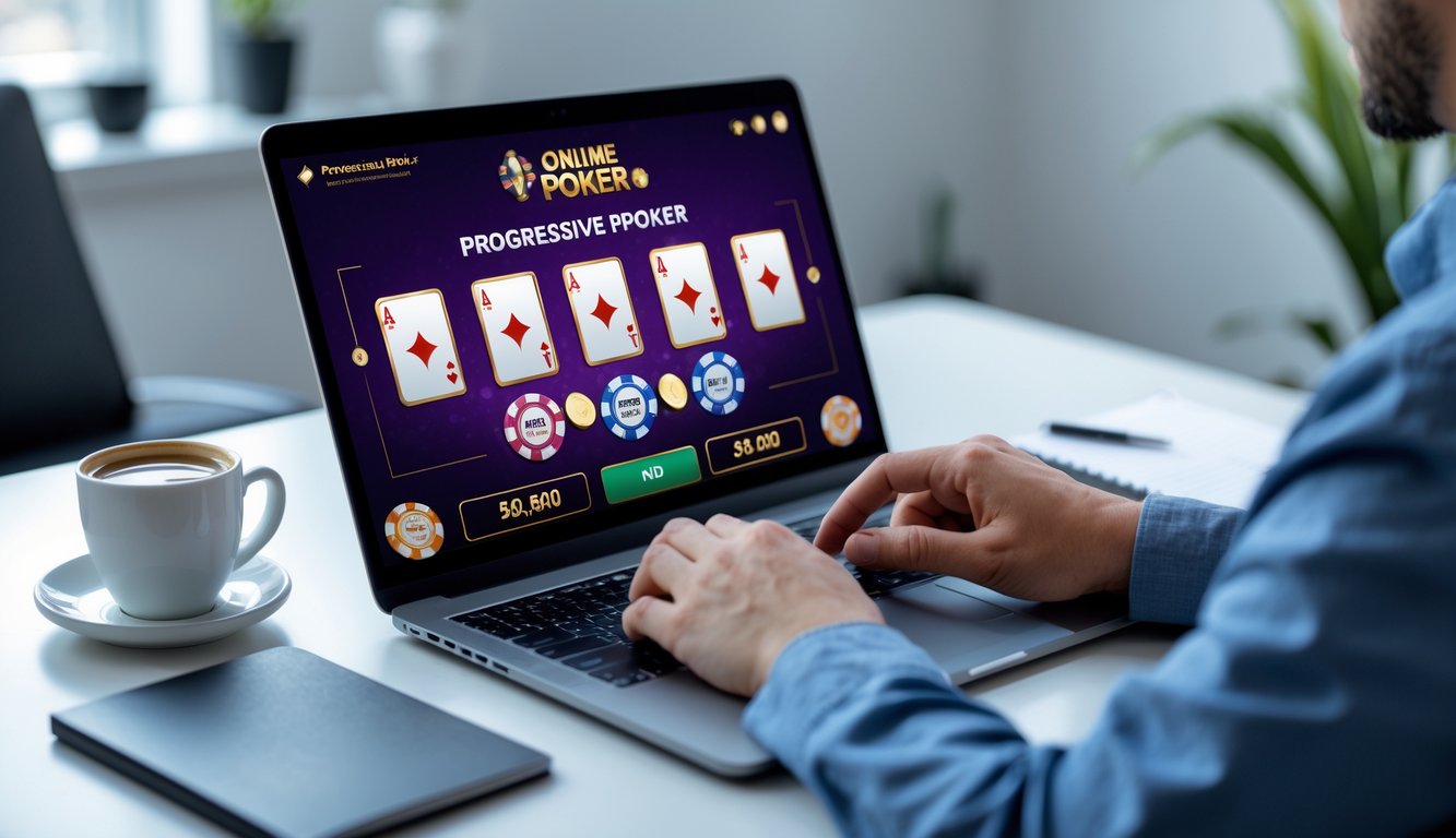 Seseorang menggunakan komputer untuk bermain poker online dengan chip dan kartu di layar, di meja kerja yang rapi dan terang.
